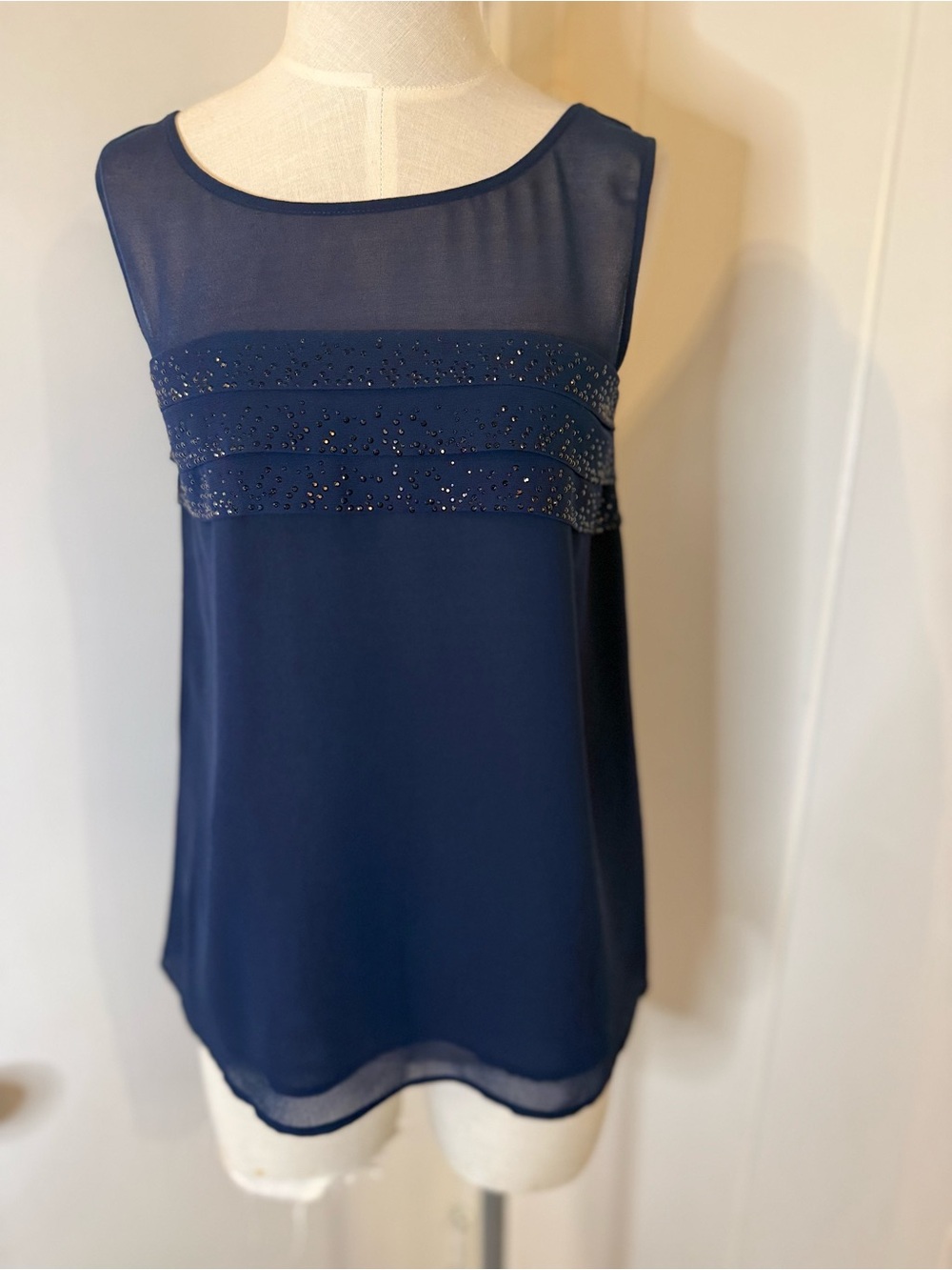 French Connection Navy Beaded Sheer Yoke Camisole Sz 2